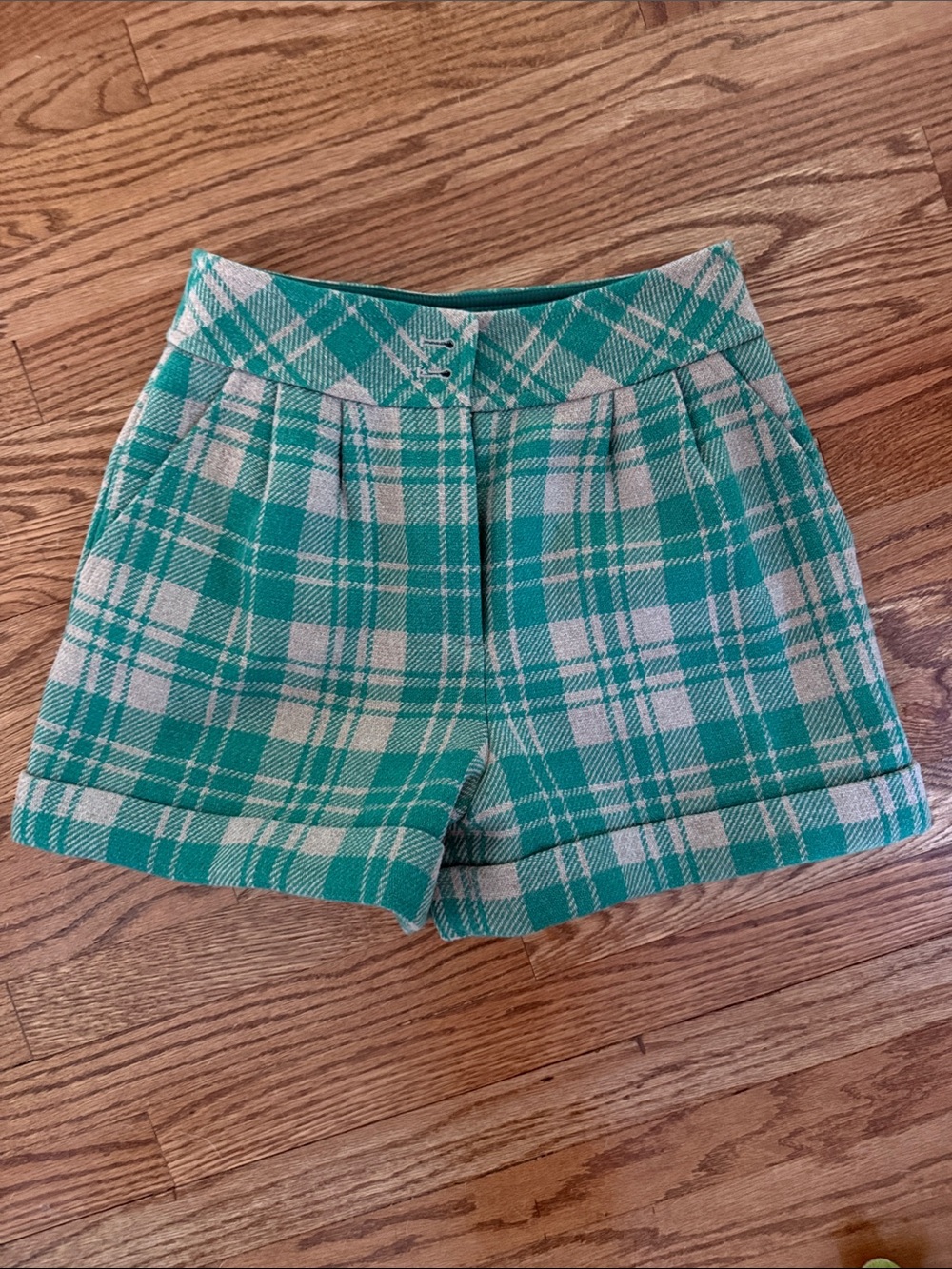Sézane - Size 38 Plaid Green and Cream High-Waist Wool Shorts